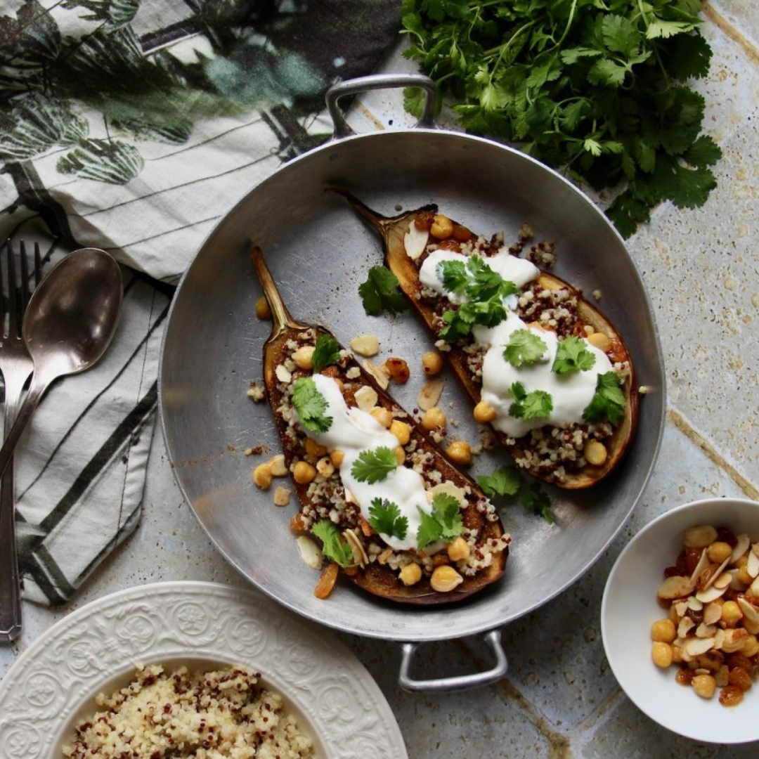 Aubergines rôties au four et burrata.